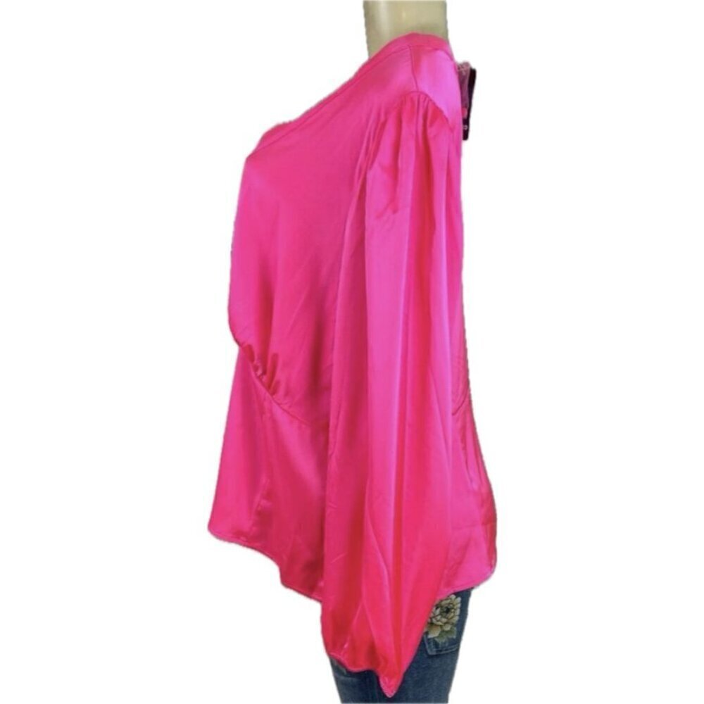 Torrid +5 Hot Pink Satin V-Neckline Button Down Fitted Waist Long Sleeve Blouse - Picture 5 of 6